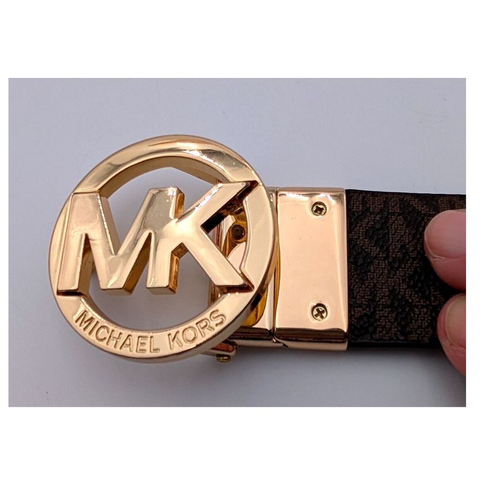 Michael Kors Reversible Belt Brown Monogram Pink Floral Gold MK Logo Buckle